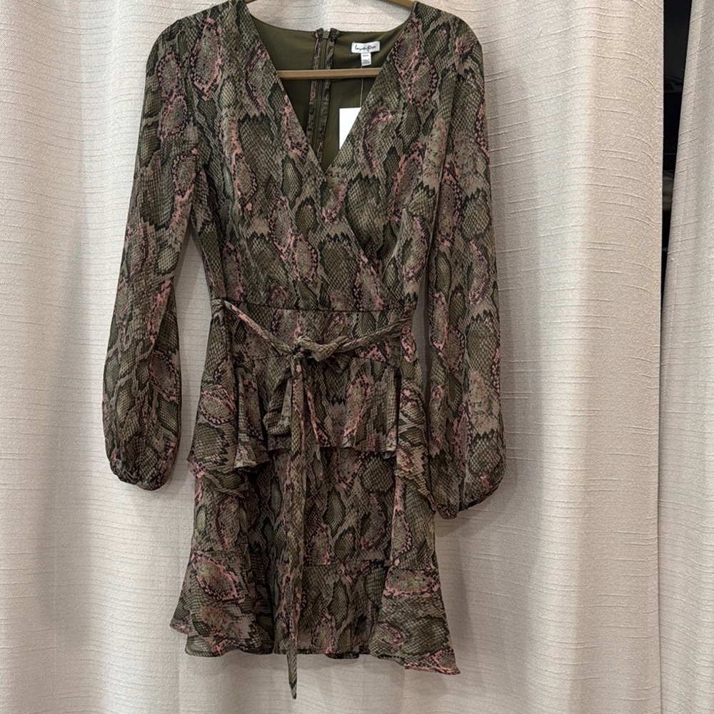 Love Fire Green Pink Snake Faux Wrap long Sheer Sleeve Dress Size M